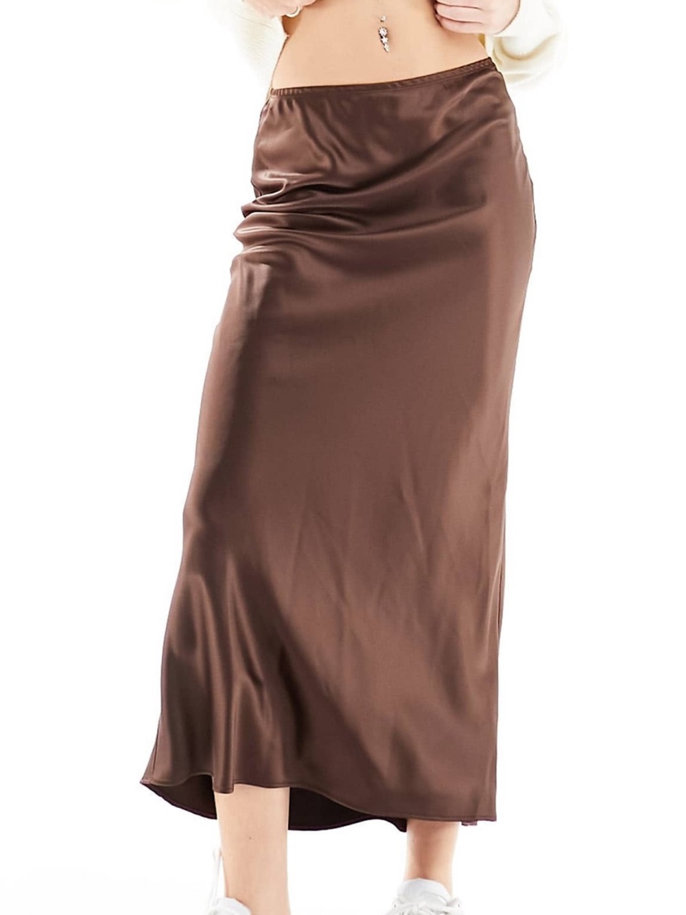 Satin Slip Midi Skirt - Brown